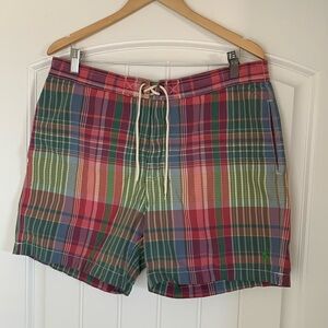 Vintage 80’s Polo Ralph Lauren Madras Plaid Pull On Drawstring Shorts Mens Large